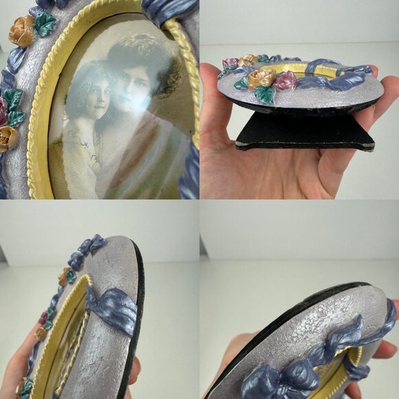 Vtg Tabletop Oval Mini Pic Frame Iridescent Purple w 3D Roses Flowers Ribbons - Picture 8 of 13